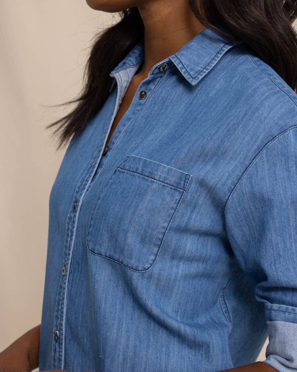 The detail view of the Southern Tide Cam Denim Dress by Southern Tide - Medium Wash Indigo