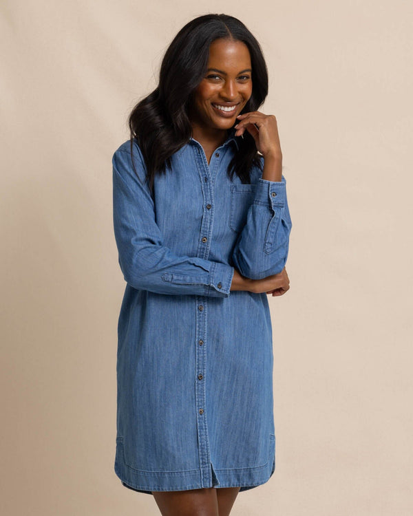 The front view of the Southern Tide Cam Denim Dress by Southern Tide - Medium Wash Indigo