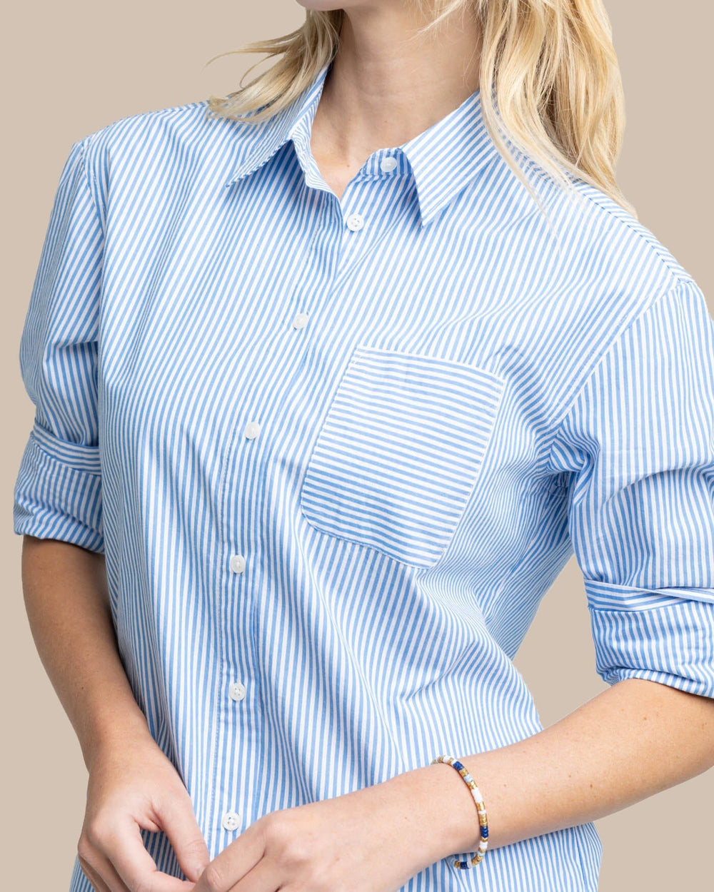 The detail view of the Southern Tide Cam Stripe Poplin Dress by Southern Tide - Blue Fin