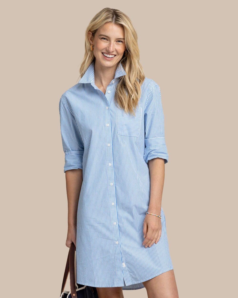 The front view of the Southern Tide Cam Stripe Poplin Dress by Southern Tide - Blue Fin