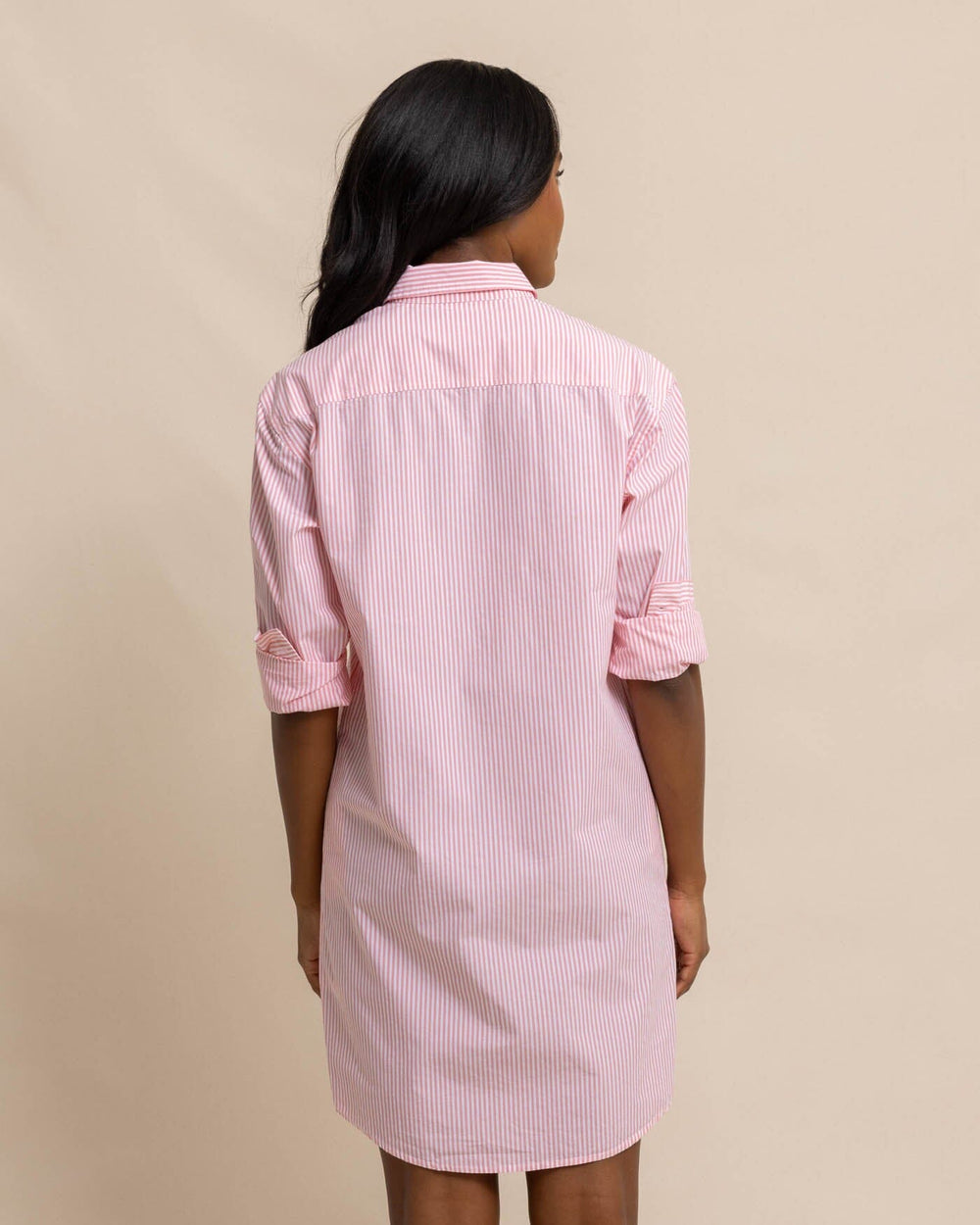 The back view of the Southern Tide Cam Stripe Poplin Dress by Southern Tide - Conch Shell