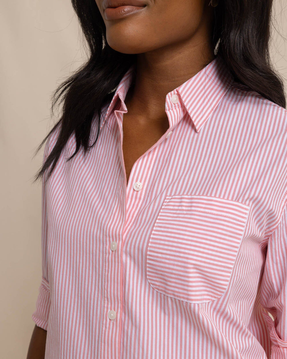 The detail view of the Southern Tide Cam Stripe Poplin Dress by Southern Tide - Conch Shell