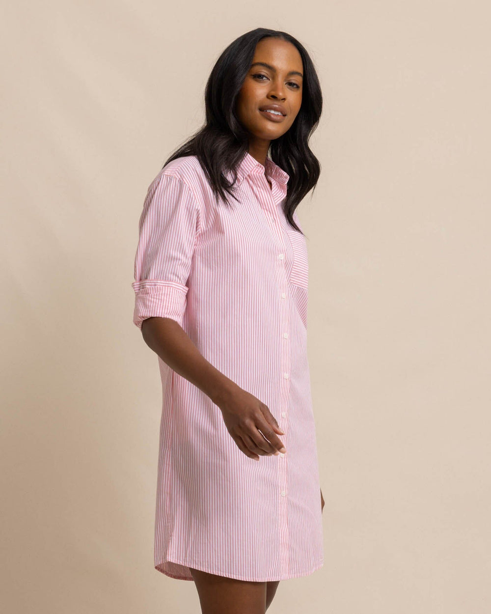 The front view of the Southern Tide Cam Stripe Poplin Dress by Southern Tide - Conch Shell