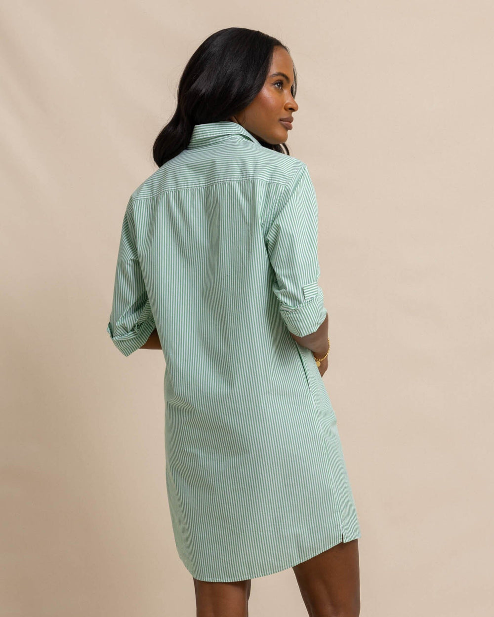 The back view of the Southern Tide Cam Stripe Poplin Dress by Southern Tide - Lawn Green
