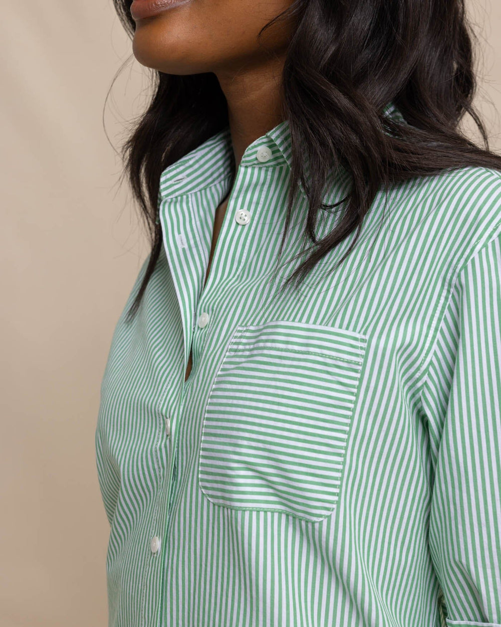 The detail view of the Southern Tide Cam Stripe Poplin Dress by Southern Tide - Lawn Green