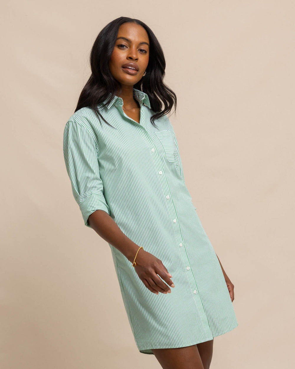 The front view of the Southern Tide Cam Stripe Poplin Dress by Southern Tide - Lawn Green