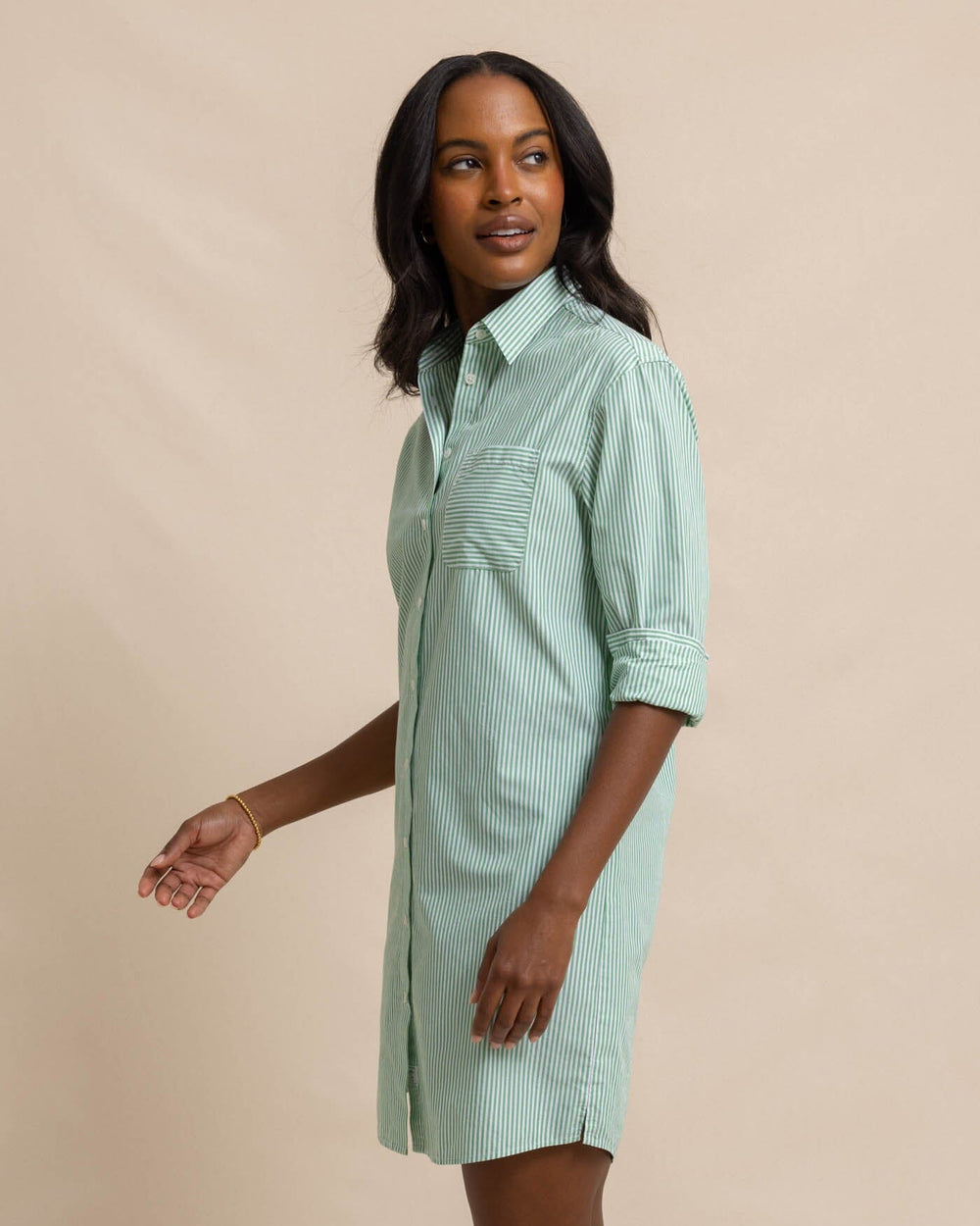 The front view of the Southern Tide Cam Stripe Poplin Dress by Southern Tide - Lawn Green