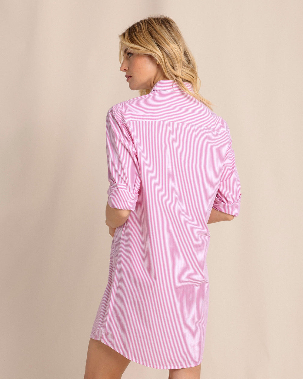 The back view of the Southern Tide Cam Stripe Poplin Dress by Southern Tide - Very Berry