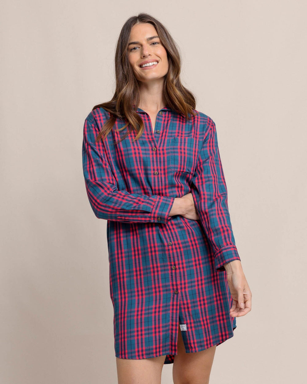 The front view of the Southern Tide Cam Vibrant Autumn Twill Plaid Dress by Southern Tide - Teal Haze