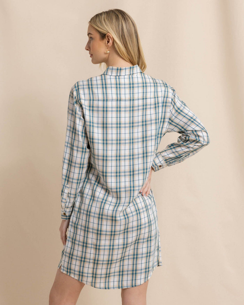 The back view of the Southern Tide Cam Vibrant Autumn Twill Plaid Dress by Southern Tide - Sand White