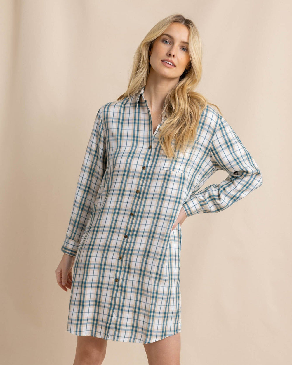 The front view of the Southern Tide Cam Vibrant Autumn Twill Plaid Dress by Southern Tide - Sand White