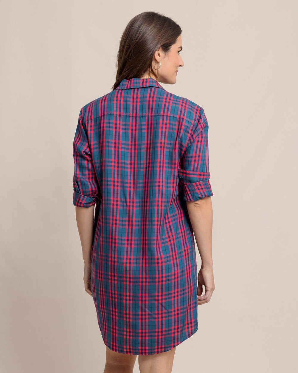 The back view of the Southern Tide Cam Vibrant Autumn Twill Plaid Dress by Southern Tide - Teal Haze