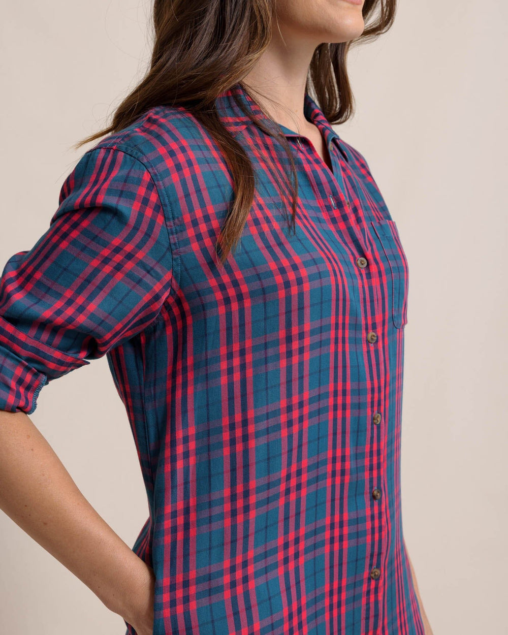 The detail view of the Southern Tide Cam Vibrant Autumn Twill Plaid Dress by Southern Tide - Teal Haze