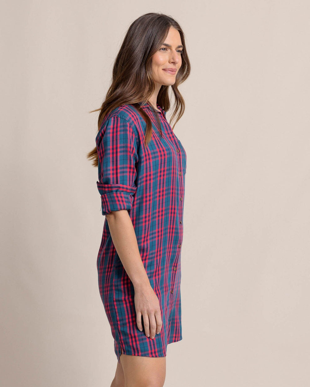 The front view of the Southern Tide Cam Vibrant Autumn Twill Plaid Dress by Southern Tide - Teal Haze