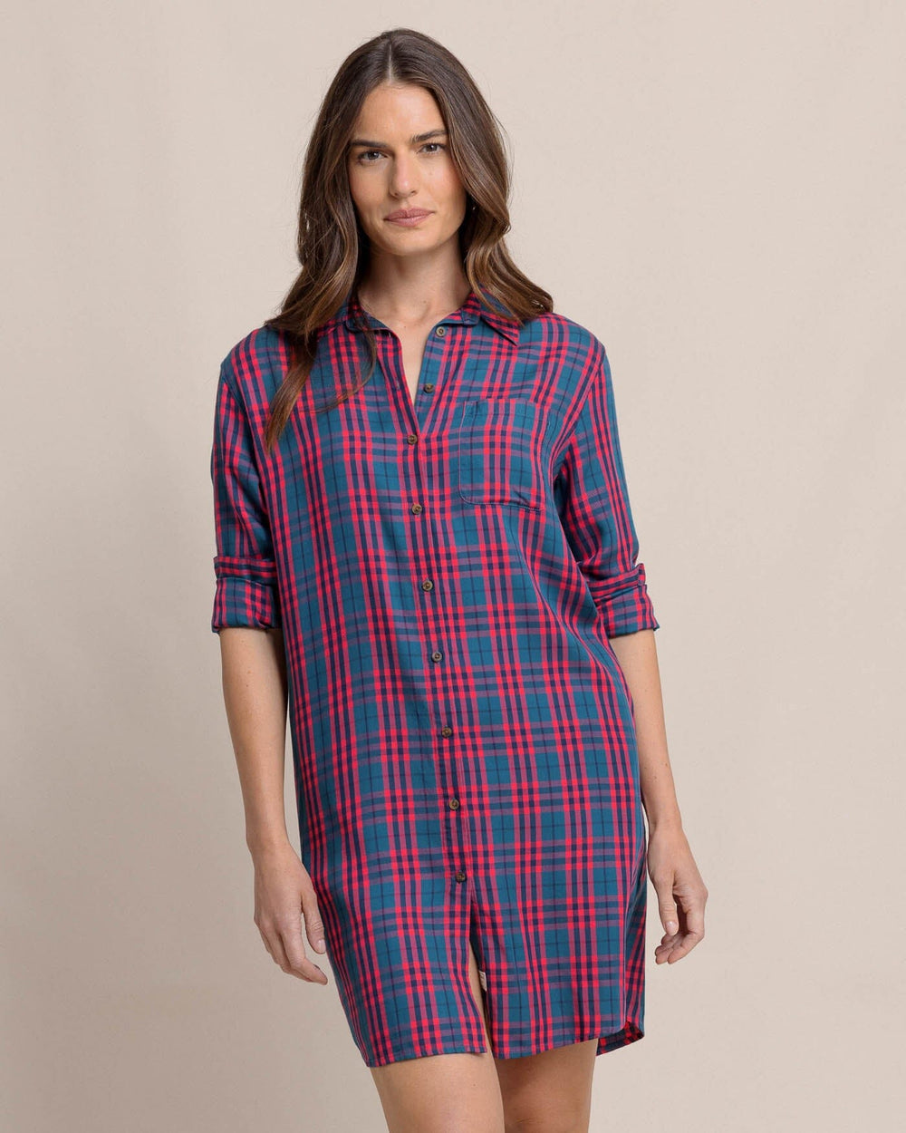 The front view of the Southern Tide Cam Vibrant Autumn Twill Plaid Dress by Southern Tide - Teal Haze