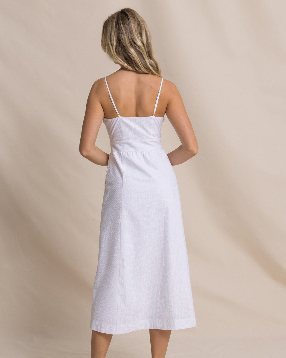 The back view of the Southern Tide Cami Seersucker Dress by Southern Tide - Classic White