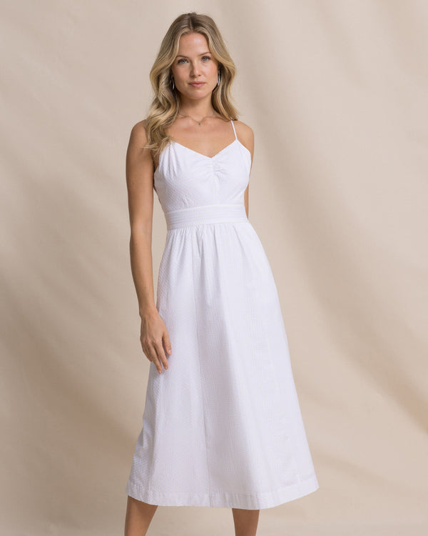 The front view of the Southern Tide Cami Seersucker Dress by Southern Tide - Classic White