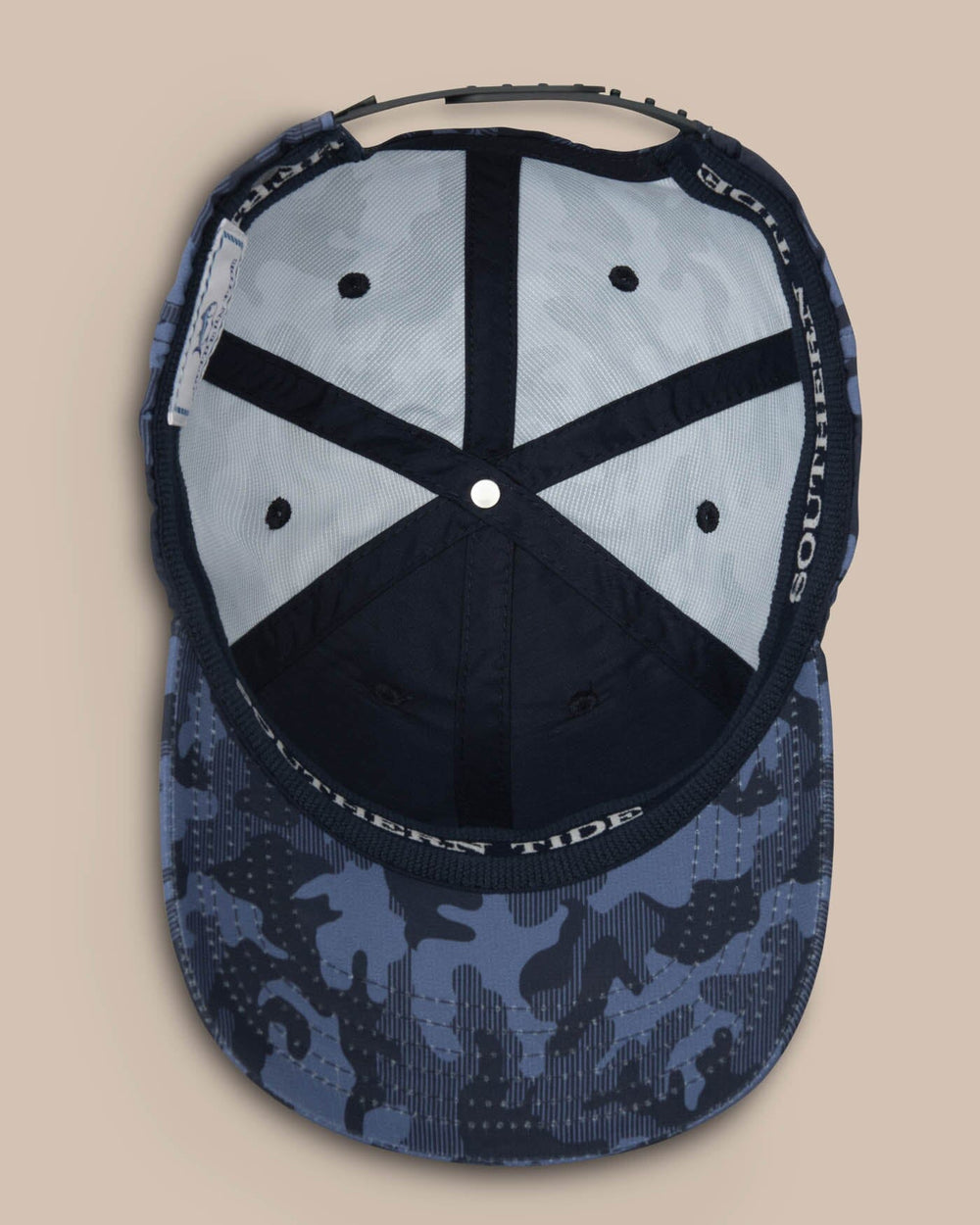 The detail of the Camo Printed Performance Hat by Southern Tide - True Navy
