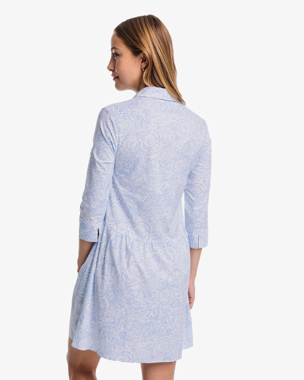 The back view of the Southern Tide Cara Brrr Forever Floral Dress by Southern Tide - Sky Blue