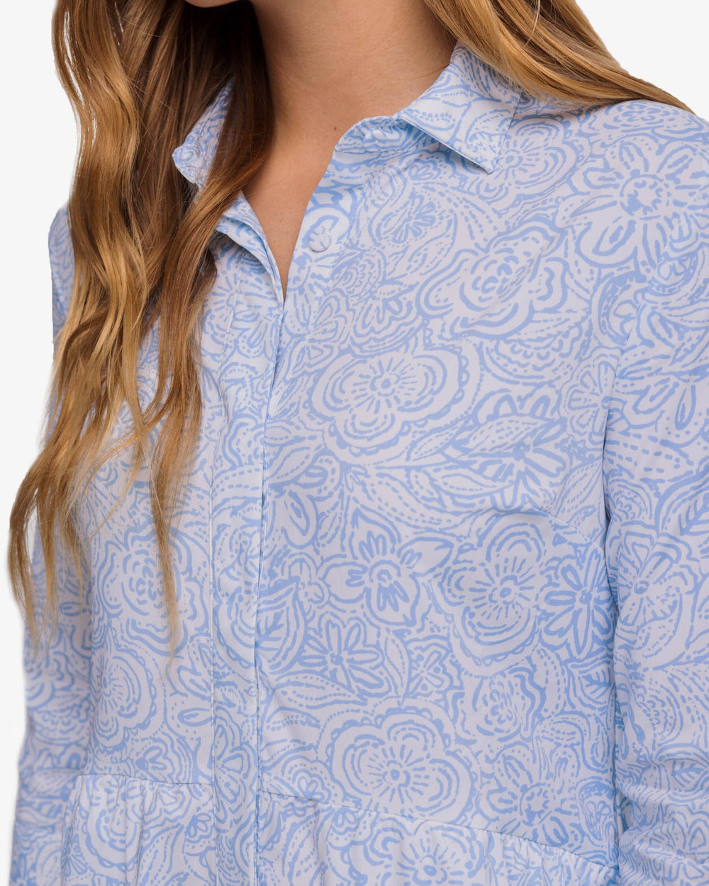 The detail view of the Southern Tide Cara Brrr Forever Floral Dress by Southern Tide - Sky Blue