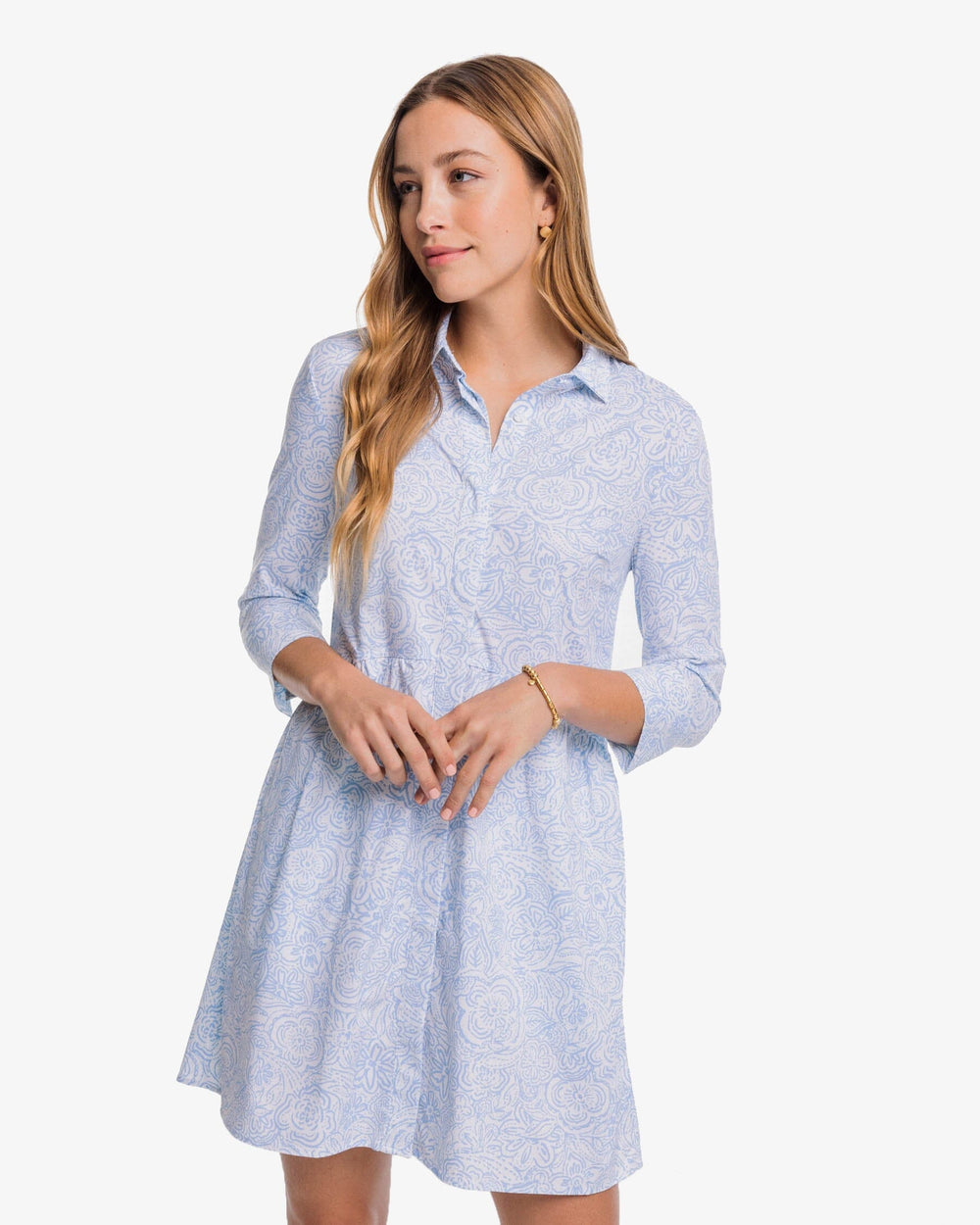 The front view of the Southern Tide Cara Brrr Forever Floral Dress by Southern Tide - Sky Blue