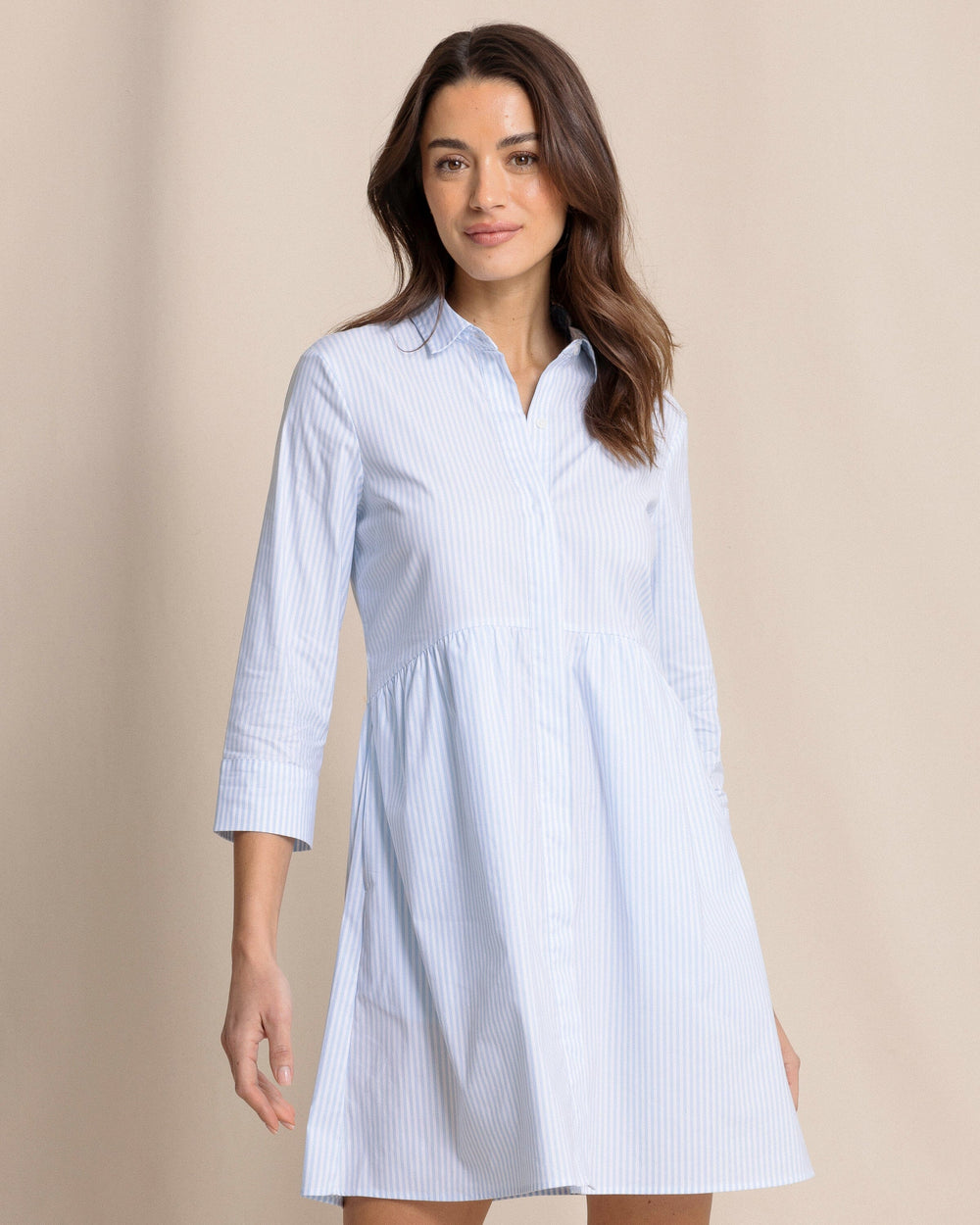 The front view of the Southern Tide Cara brrr°® Stripe Dress by Southern Tide - Cerulean