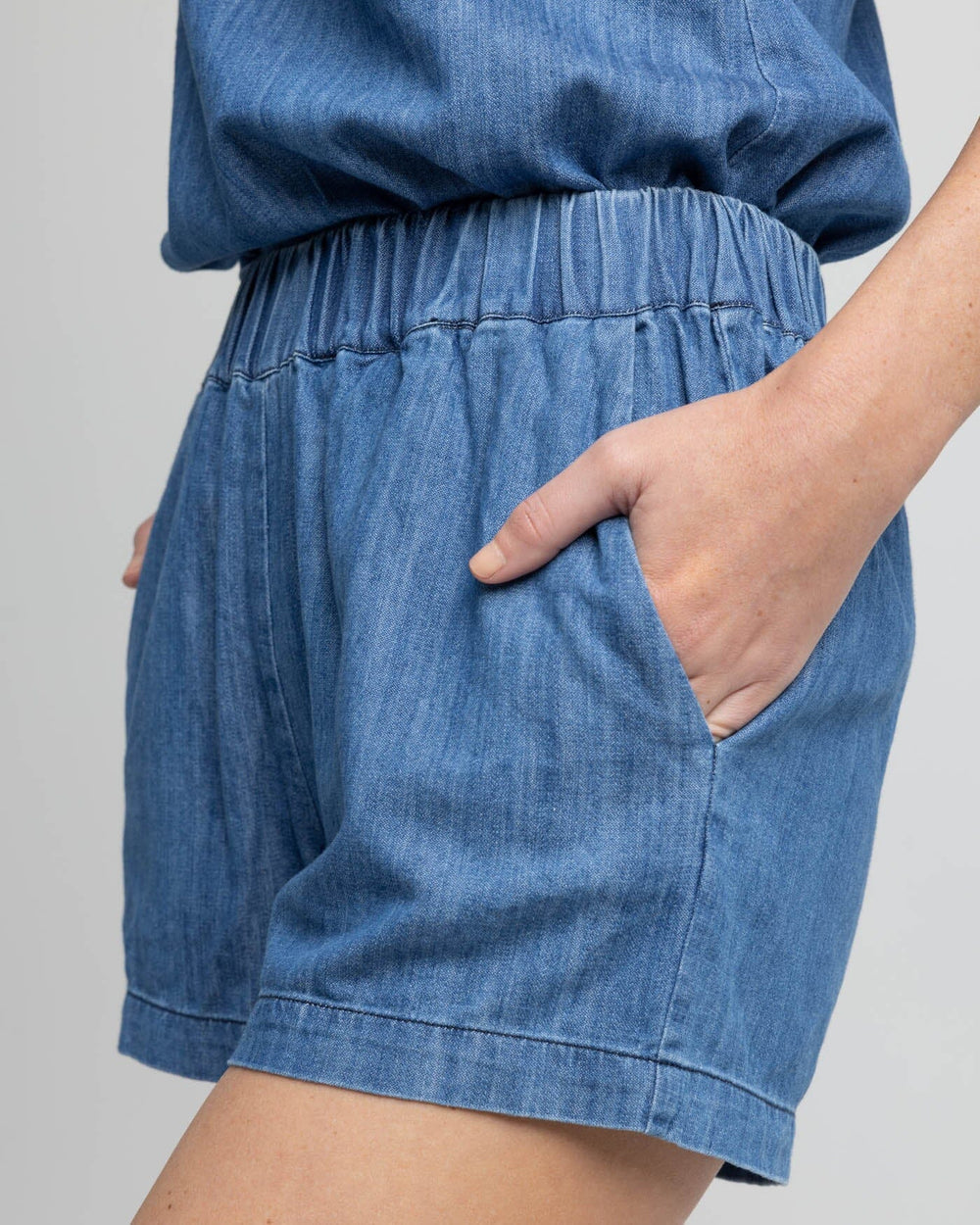 The detail view of the Southern Tide Mary Ellen Denim Short by Southern Tide - Medium Wash Indigo