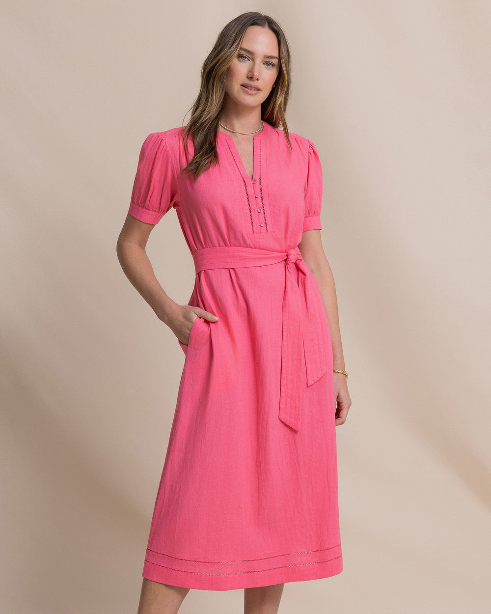 The front view of the Southern Tide Carmella Midi Dress by Southern Tide - Island Pink