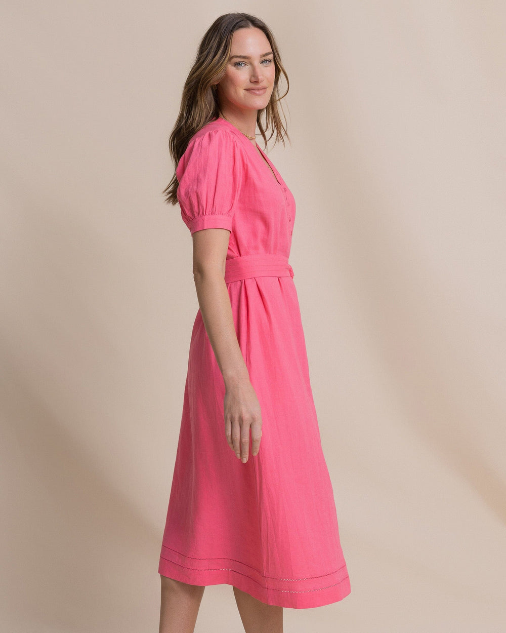 The side view of the Southern Tide Carmella Midi Dress by Southern Tide - Island Pink