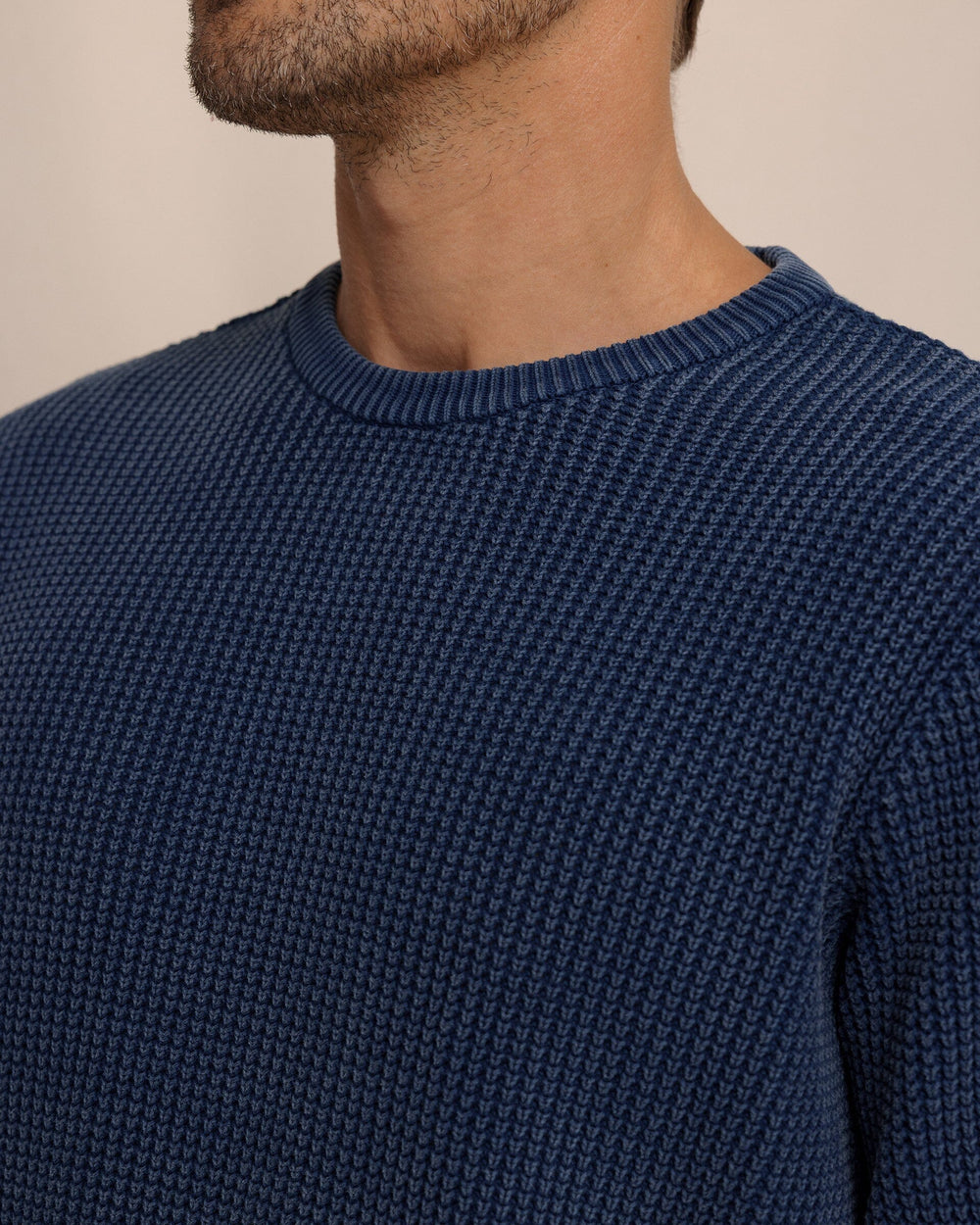 The detail view of the Southern Tide Carrington Garment Dyed Crew Sweater by Southern Tide - Dress Blue
