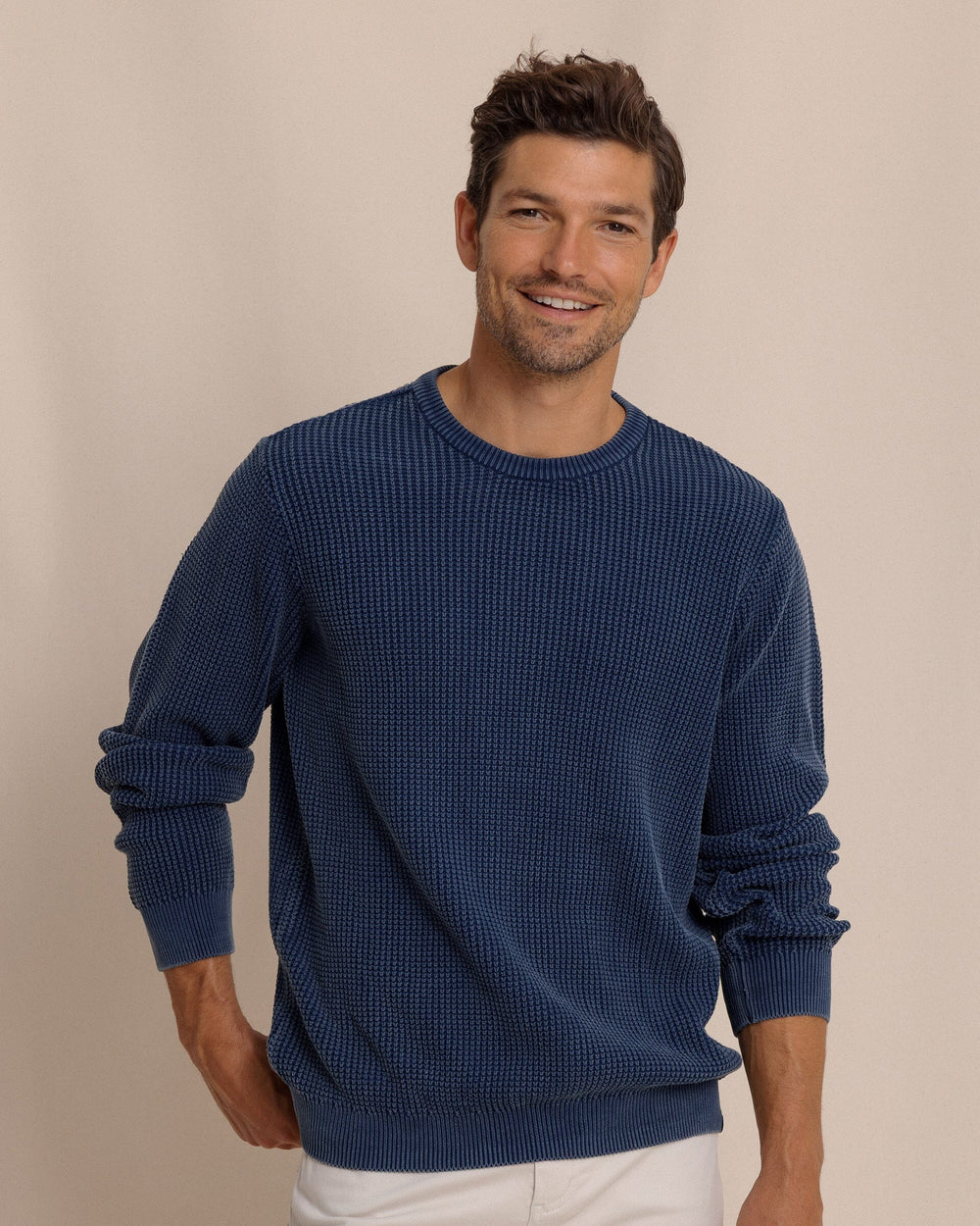 The front view of the Southern Tide Carrington Garment Dyed Crew Sweater by Southern Tide - Dress Blue