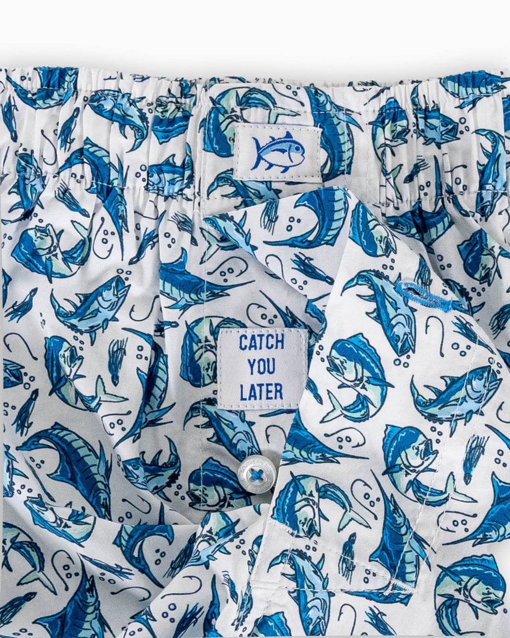 The detail view of the Southern Tide Catch You Later Boxer by Southern Tide - Classic White
