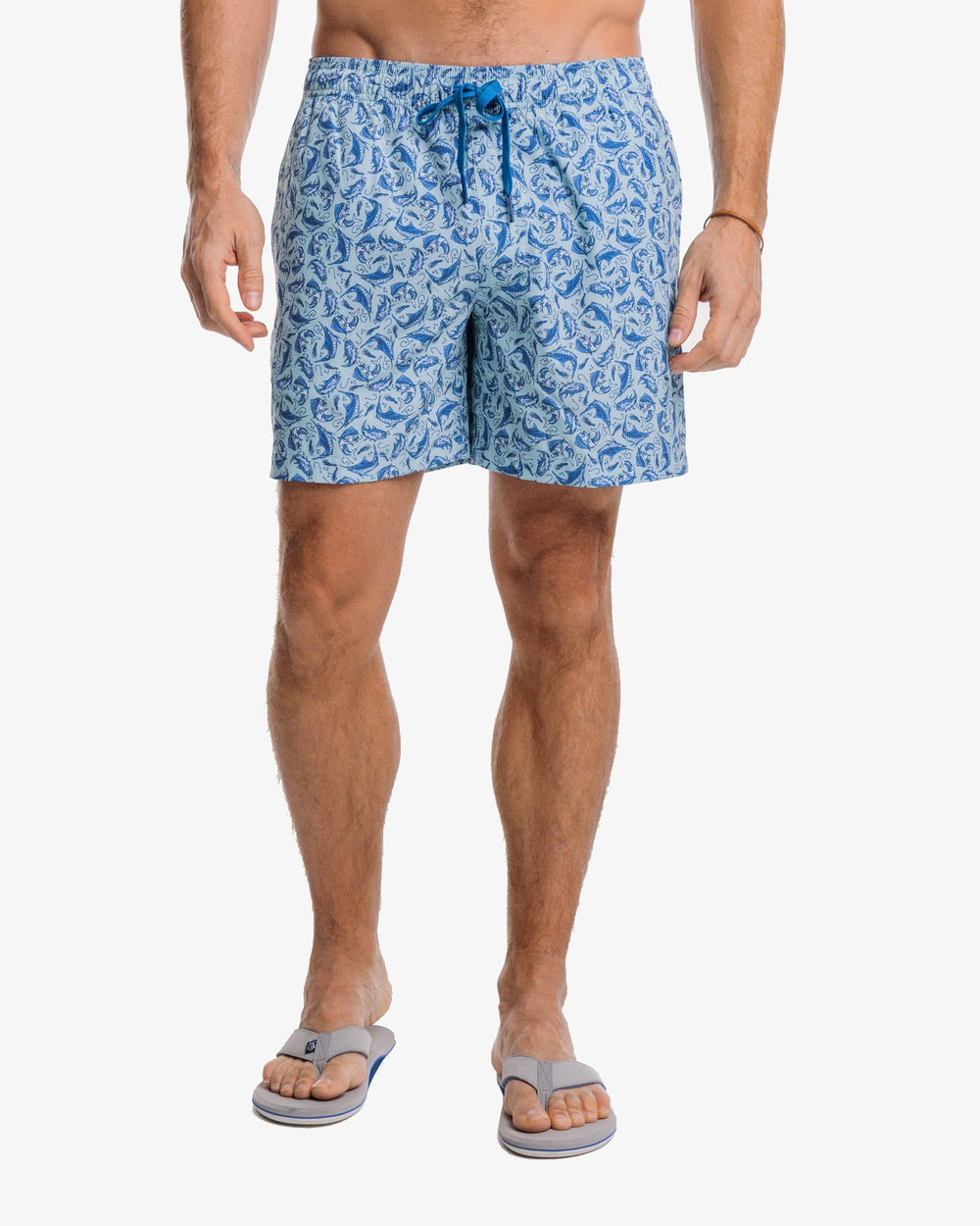 The front view of the Southern Tide Catch You Later Swim Trunk by Southern Tide - Turquoise Sea