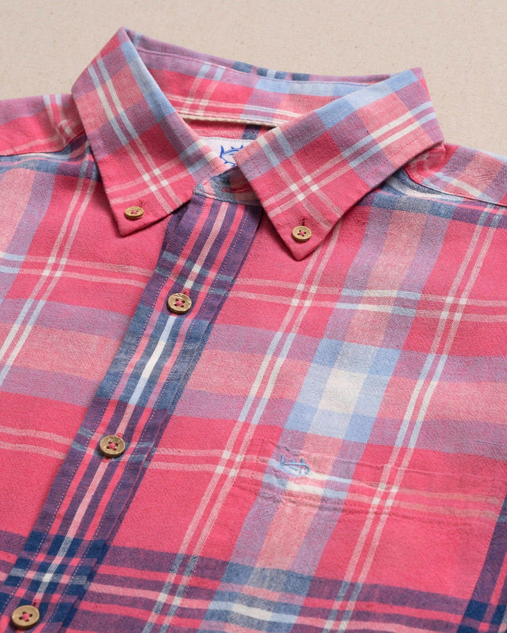 The detail view of the Southern Tide Cedar Island Plaid Linen Rayon Sport Shirt by Southern Tide - Island Pink