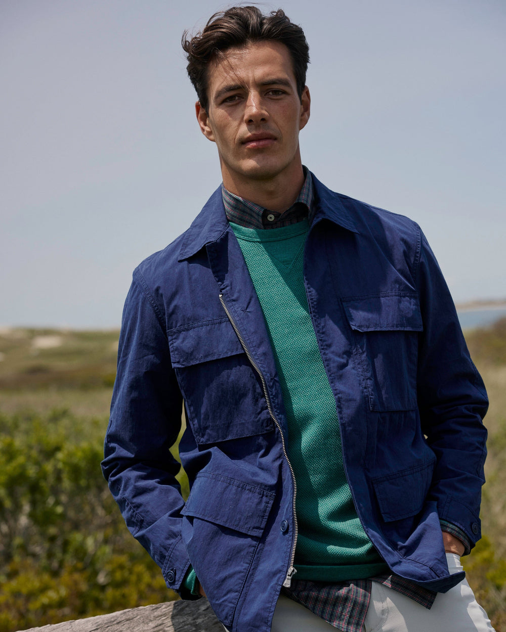 The lifestyle view of the Southern Tide Cedarbrook Field Jacket by Southern Tide - Dress Blue