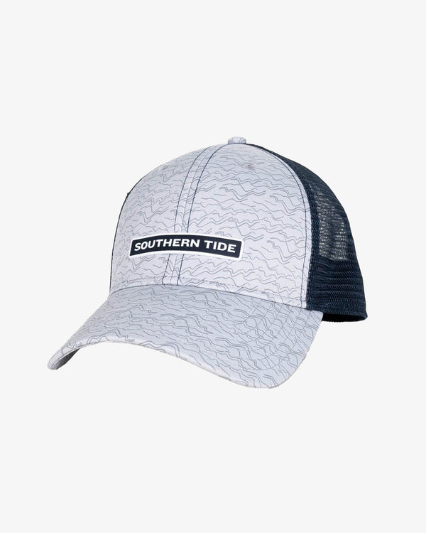 The front view of the Southern Tide Change Your Altitude Print Performance Trucker by Southern Tide - Seagull Grey