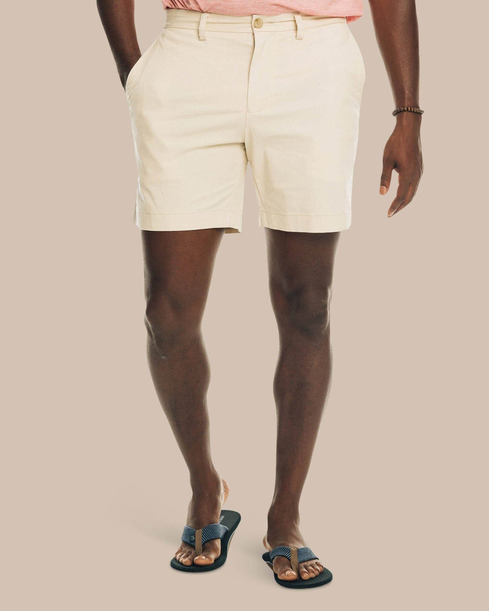 The front view of the Men's New Channel Marker 9 Inch Short by Southern Tide - Light Khaki