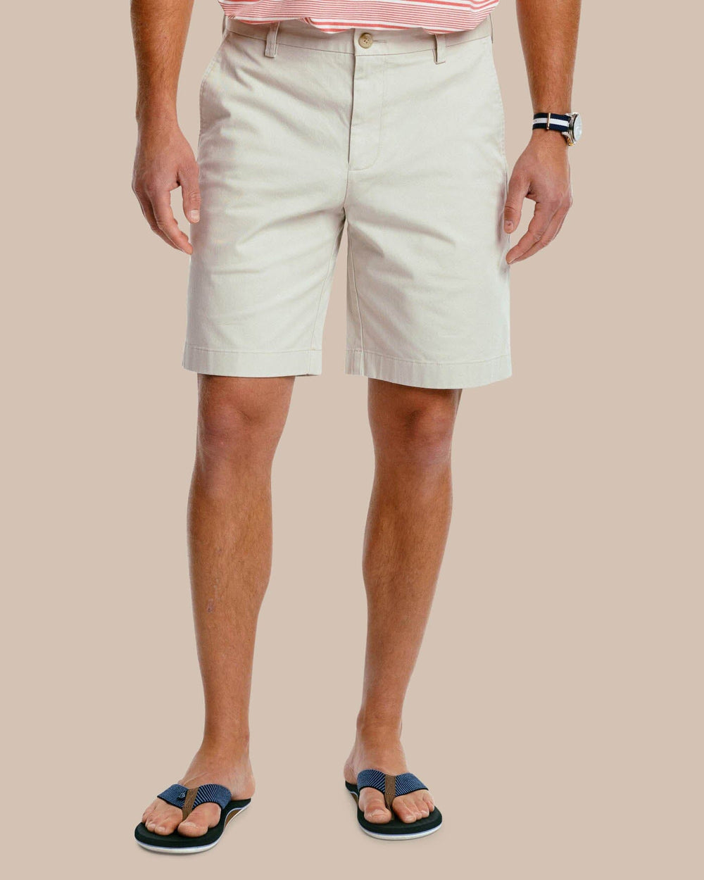 The front view of the Men's New Channel Marker 9 Inch Short by Southern Tide - Light Khaki