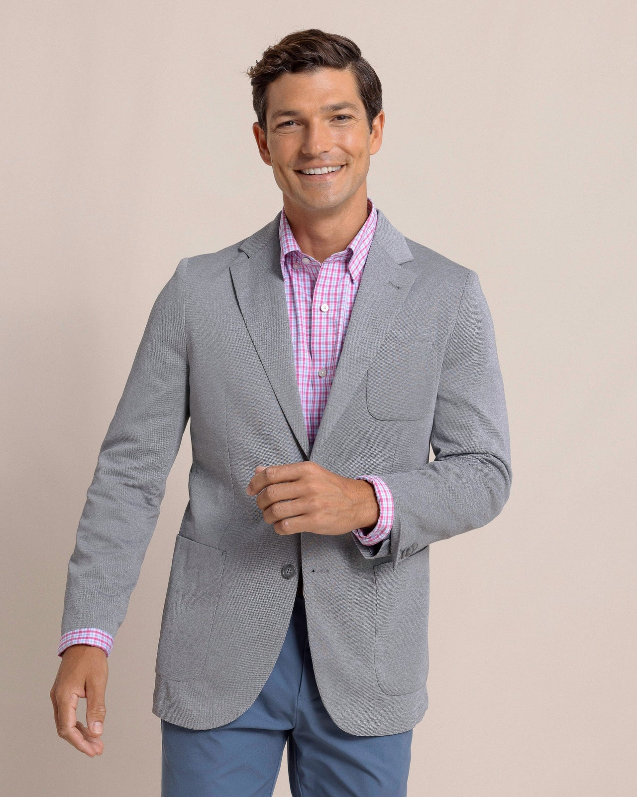 The front view of the Southern Tide Charleston Blazer by Southern Tide - Heather Steel Grey