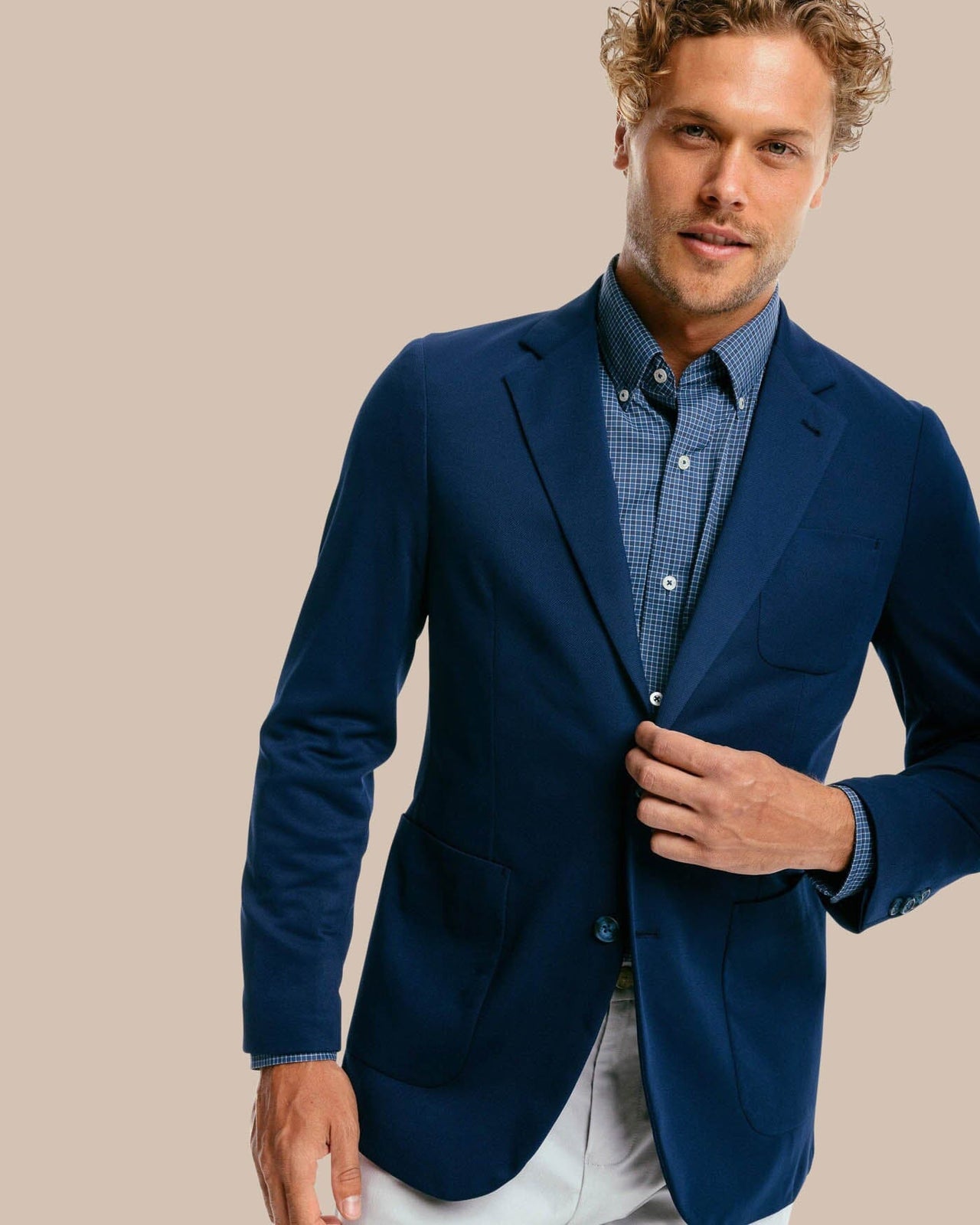 The front of the Men's Charleston Navy Blazer by Southern Tide - Navy