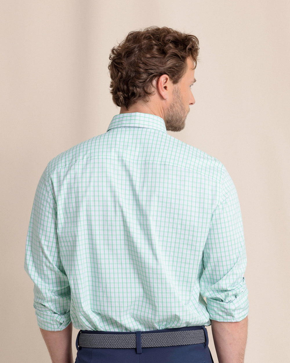 The back view of the Southern Tide Charleston Broad Creek Plaid Long Sleeve Sport Shirt by Southern Tide - Jade Green