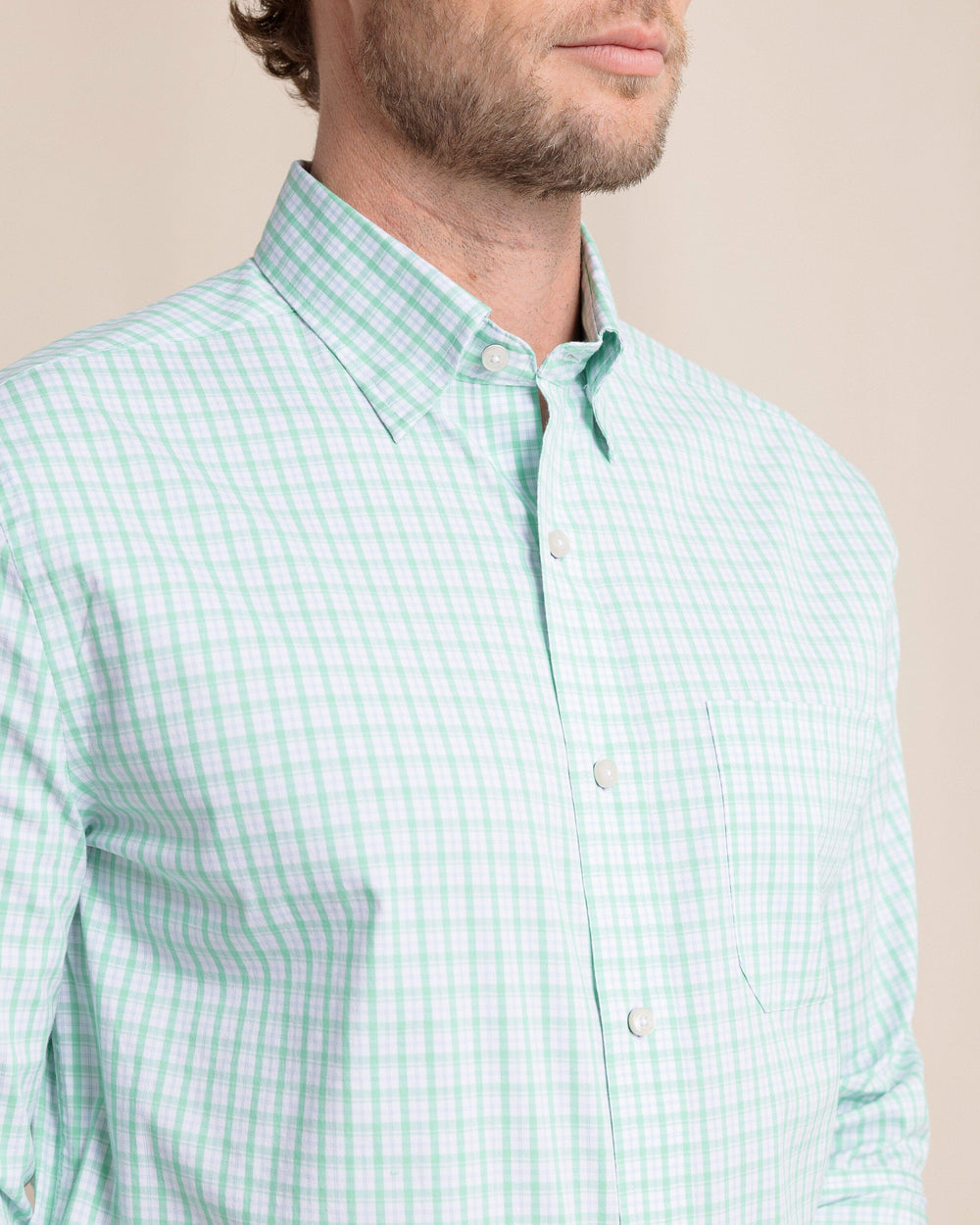 The detail view of the Southern Tide Charleston Broad Creek Plaid Long Sleeve Sport Shirt by Southern Tide - Jade Green