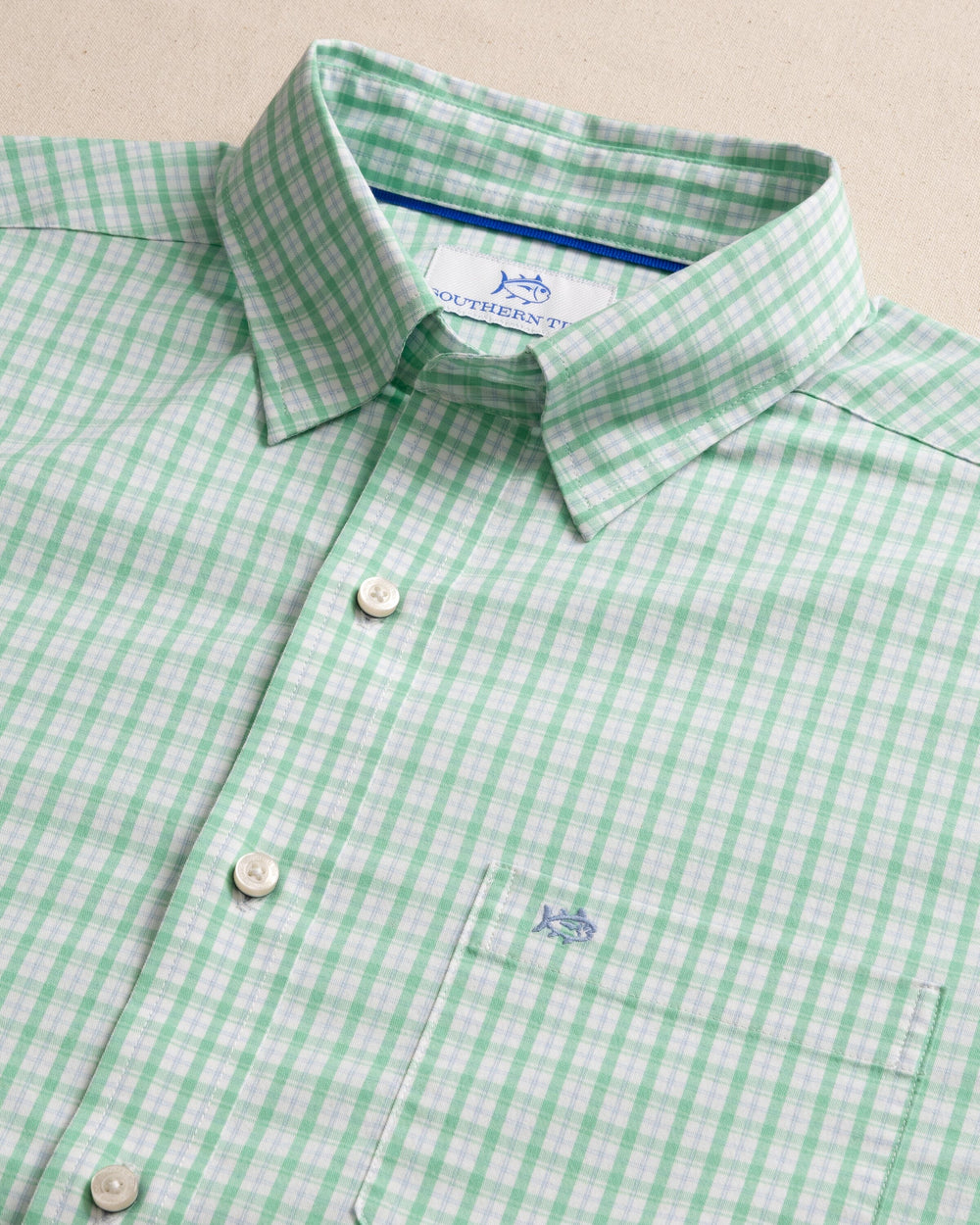 The front view of the Southern Tide Charleston Broad Creek Plaid Long Sleeve Sport Shirt by Southern Tide - Jade Green