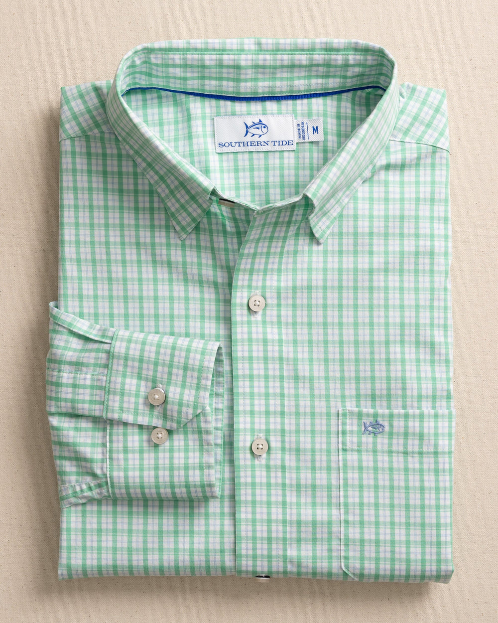 The front view of the Southern Tide Charleston Broad Creek Plaid Long Sleeve Sport Shirt by Southern Tide - Jade Green