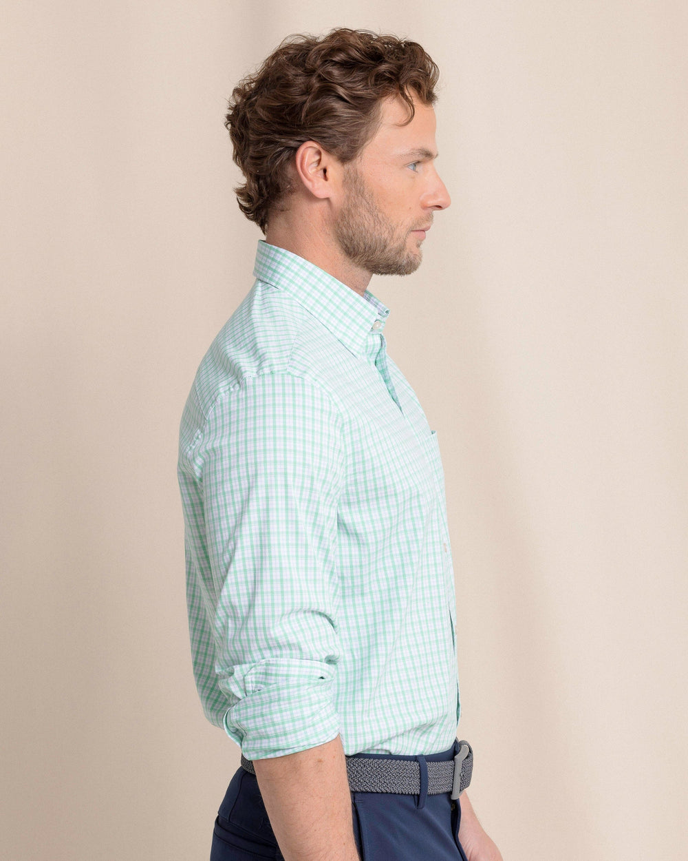 The side view of the Southern Tide Charleston Broad Creek Plaid Long Sleeve Sport Shirt by Southern Tide - Jade Green