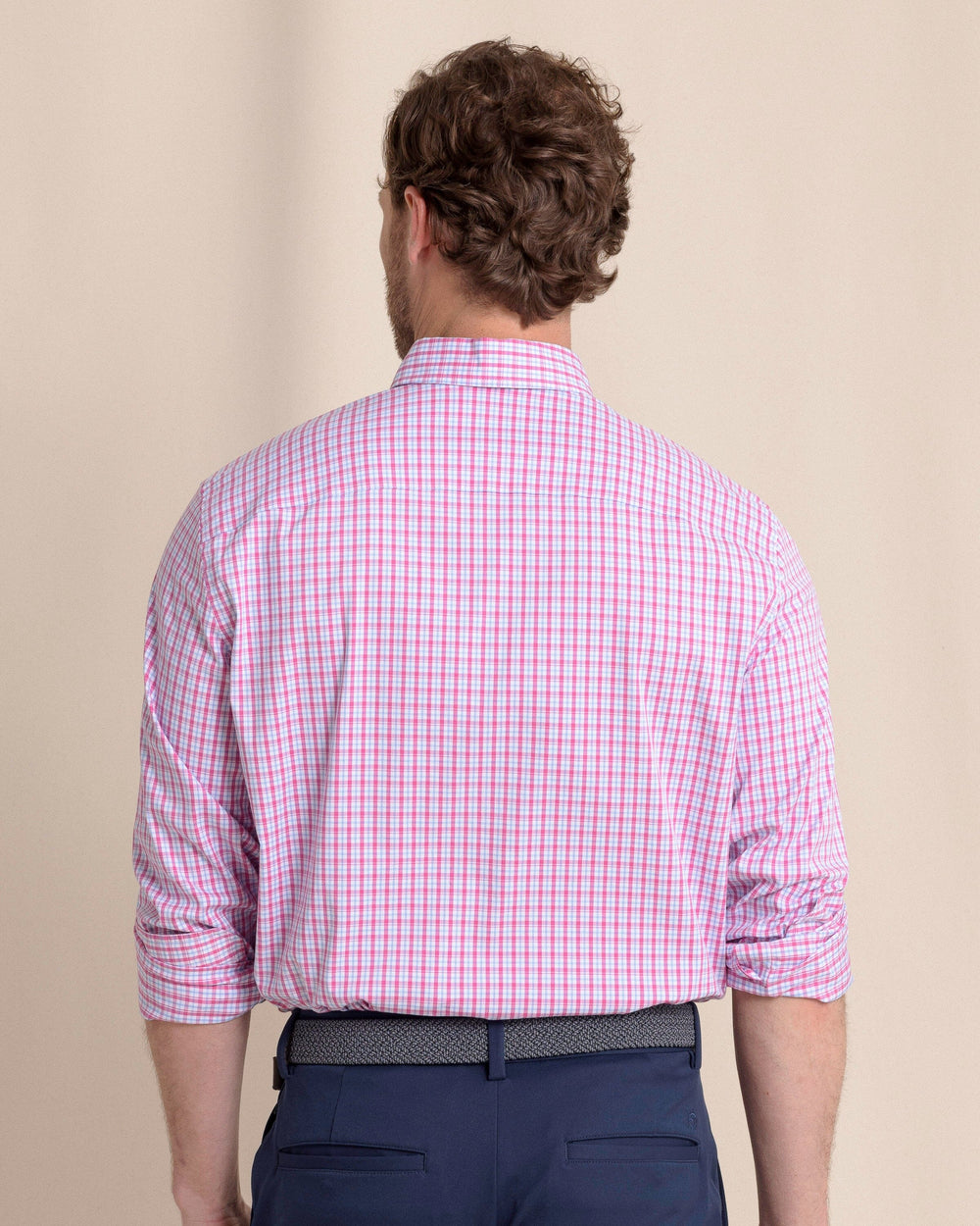 The back view of the Southern Tide Charleston Broad Creek Plaid Long Sleeve Sport Shirt by Southern Tide - Very Berry