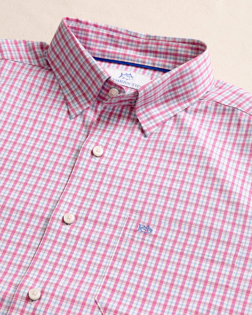 The detail view of the Southern Tide Charleston Broad Creek Plaid Long Sleeve Sport Shirt by Southern Tide - Very Berry