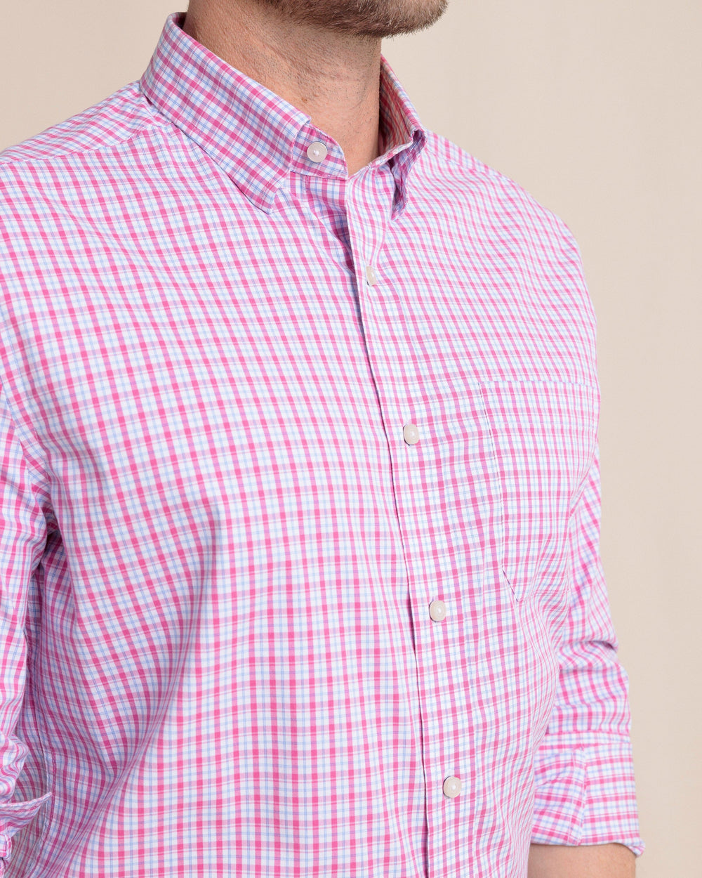 The detail view of the Southern Tide Charleston Broad Creek Plaid Long Sleeve Sport Shirt by Southern Tide - Very Berry