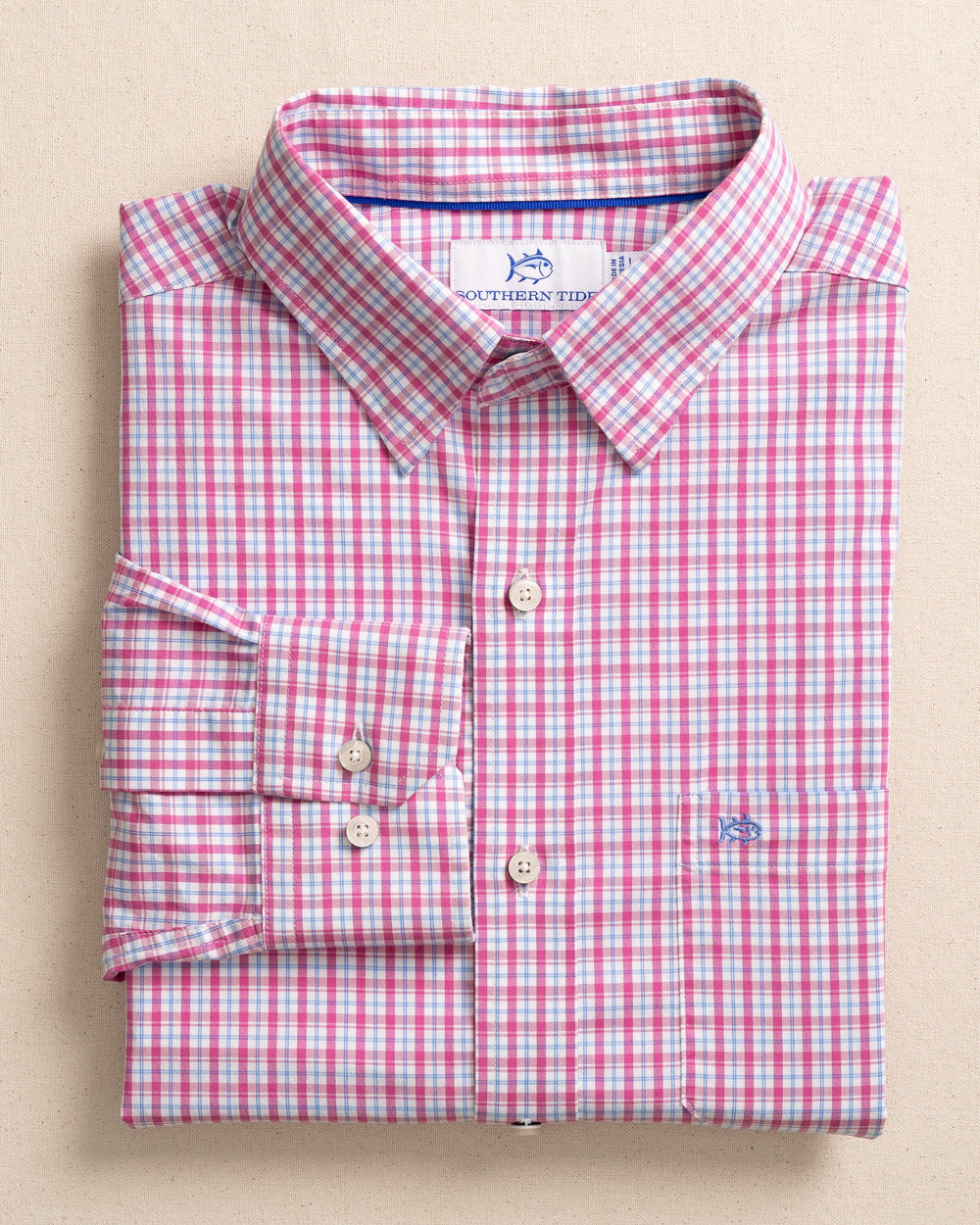 The front view of the Southern Tide Charleston Broad Creek Plaid Long Sleeve Sport Shirt by Southern Tide - Very Berry