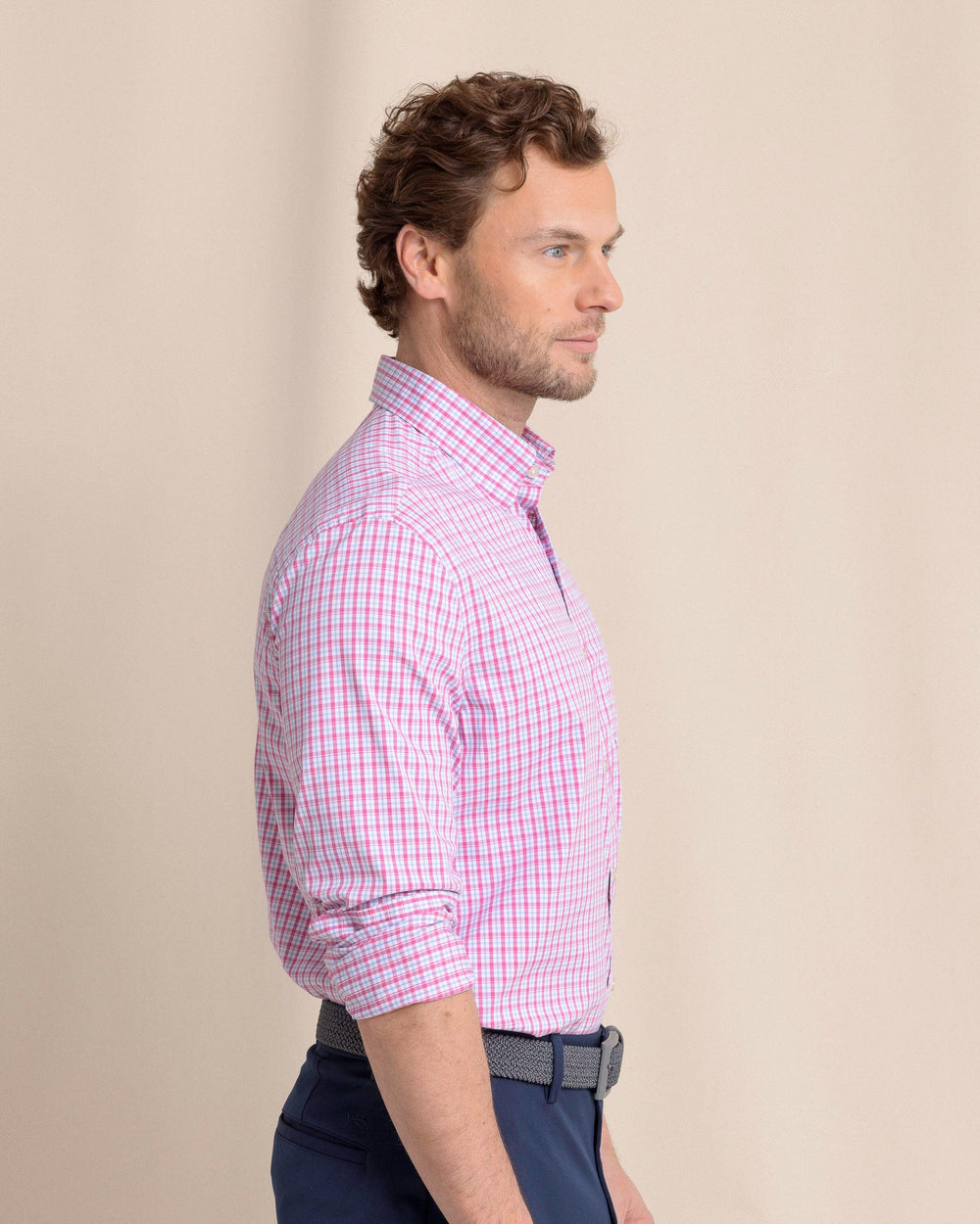 The side view of the Southern Tide Charleston Broad Creek Plaid Long Sleeve Sport Shirt by Southern Tide - Very Berry